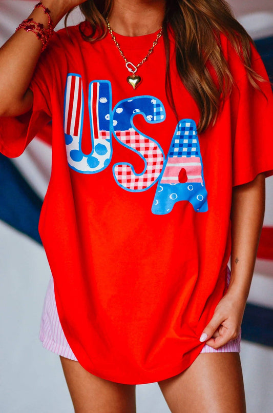 Southern Bliss Co. - USA Patch Print Red Heavy Tee: XLarge