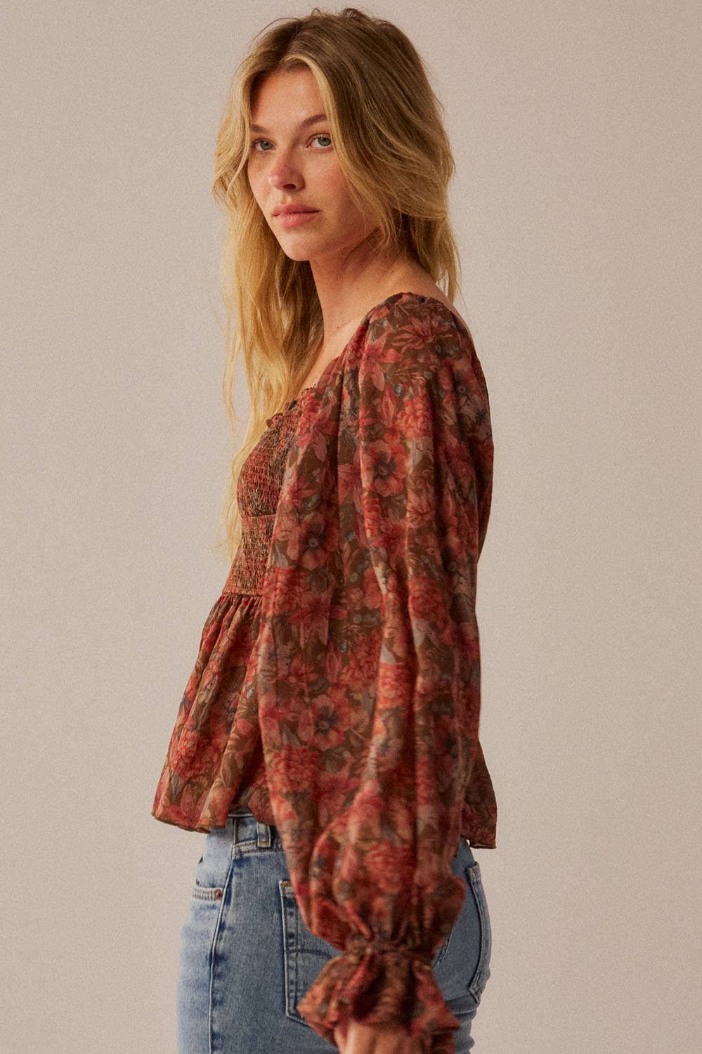 Floral-Print Sweetheart Peplum Top