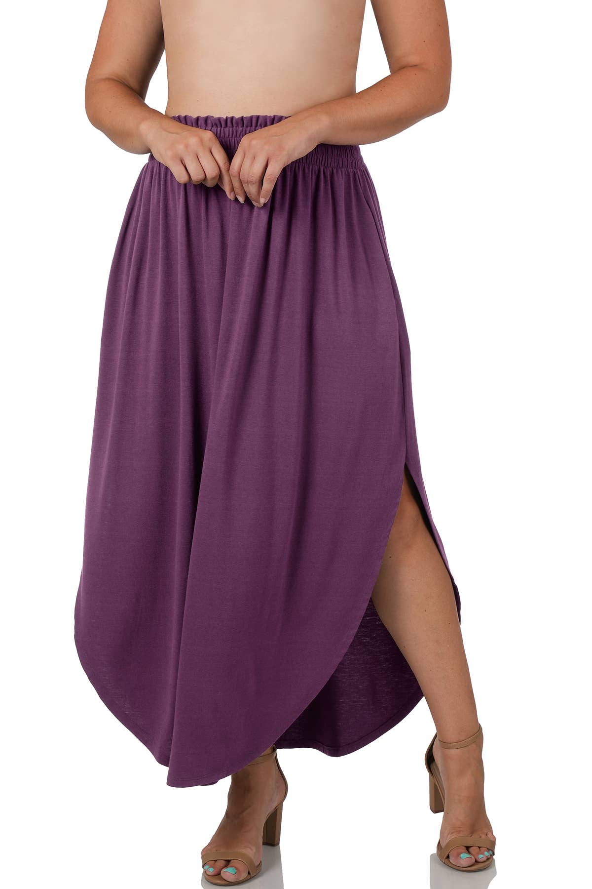 42POPS -  Plus Smocked Waist Side Slit Maxi Skirt With Pockets - Zenan: +BLACK-148183 / 2X