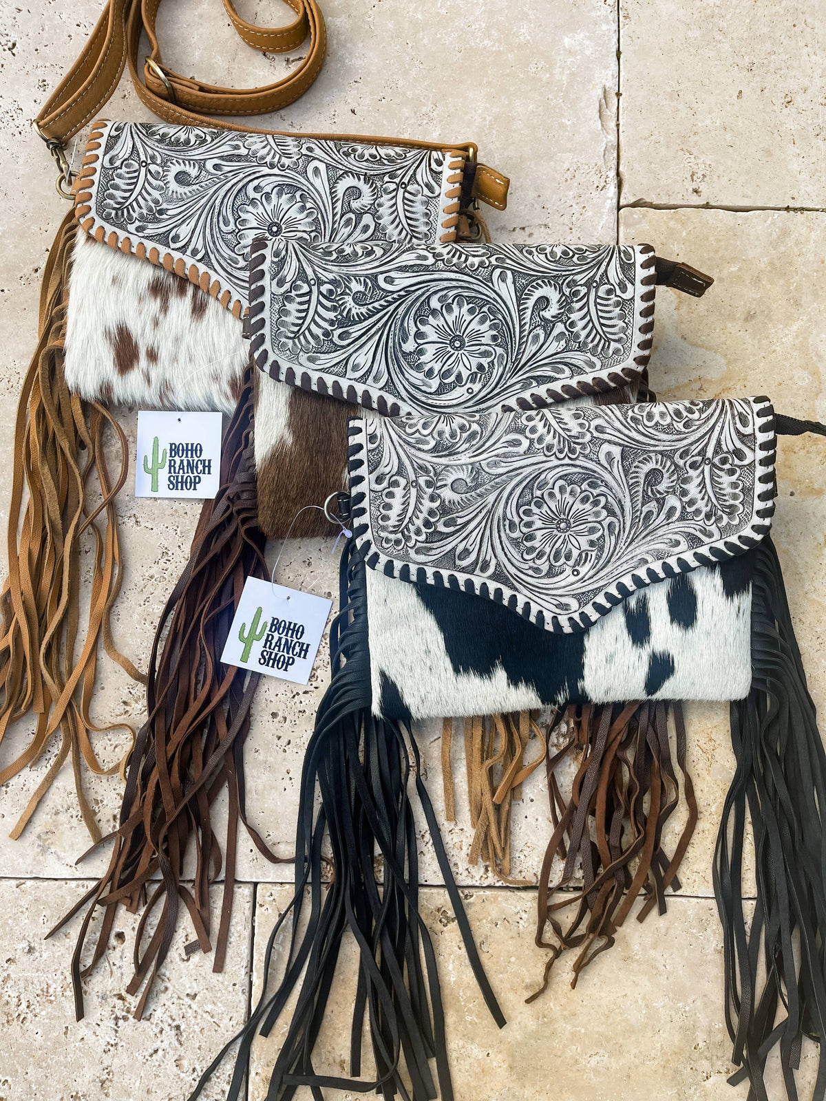THE DELILAH CROSSBODY TAN + WHITE COWHIDE