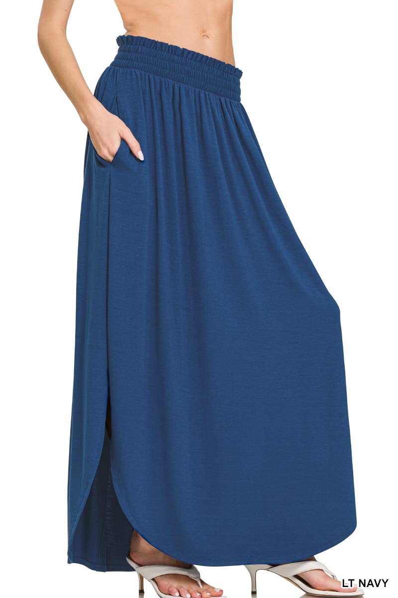 42POPS - Smocked Waist Maxi Skirt With Pockets: BLACK-162633 / S