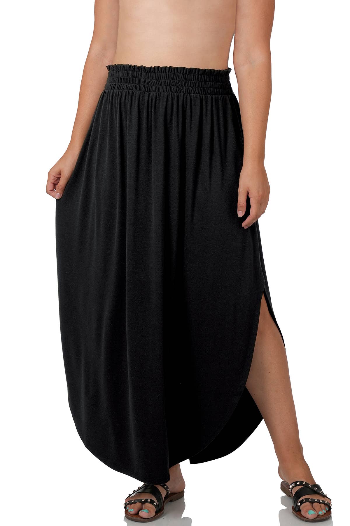42POPS -  Plus Smocked Waist Side Slit Maxi Skirt With Pockets - Zenan: +BLACK-148183 / 3X