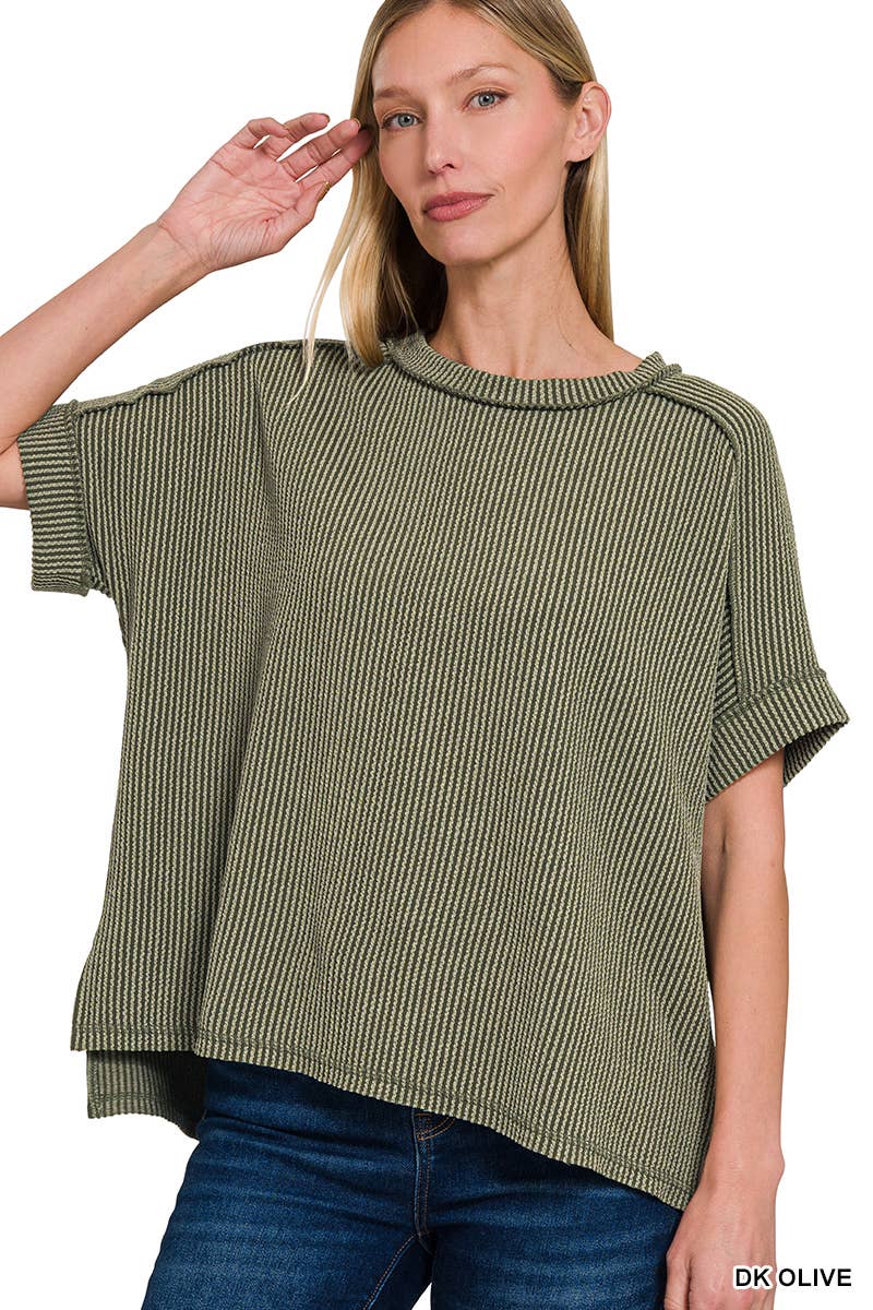 Rib Cuff Sleeve Raw Edge Top