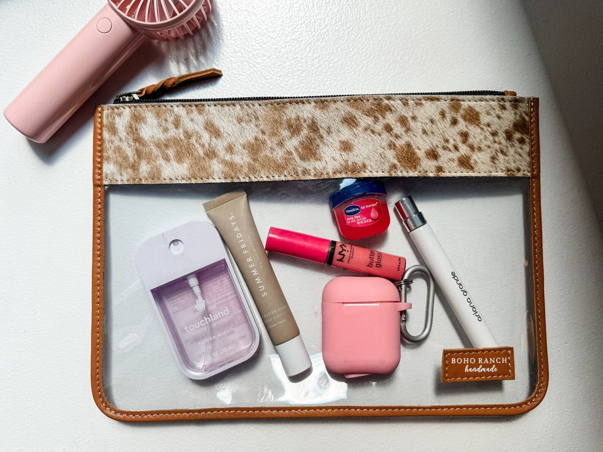 Cowhide Clear Toiletry Makeup Bag TAN + WHITE COWHIDE