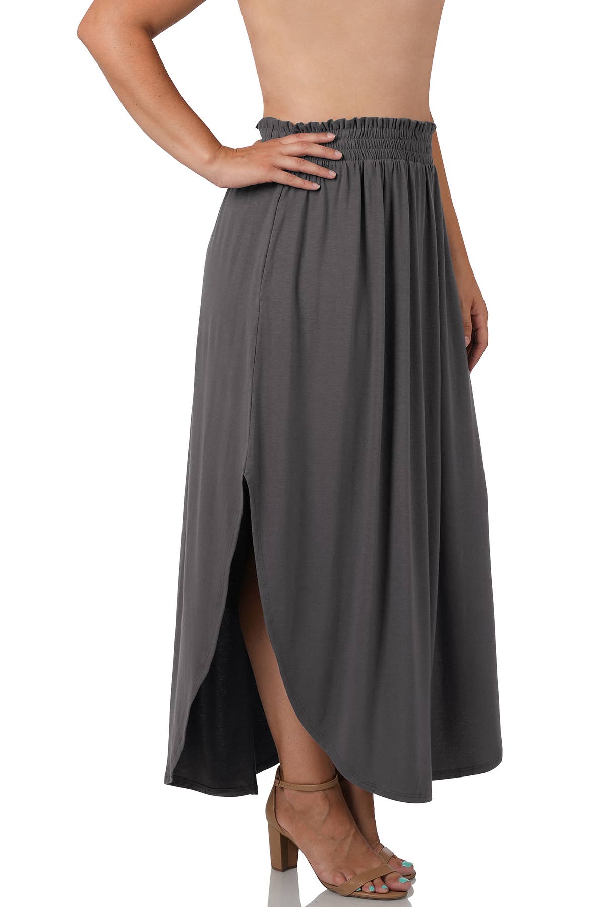 42POPS -  Plus Smocked Waist Side Slit Maxi Skirt With Pockets - Zenan: +BLACK-148183 / 3X