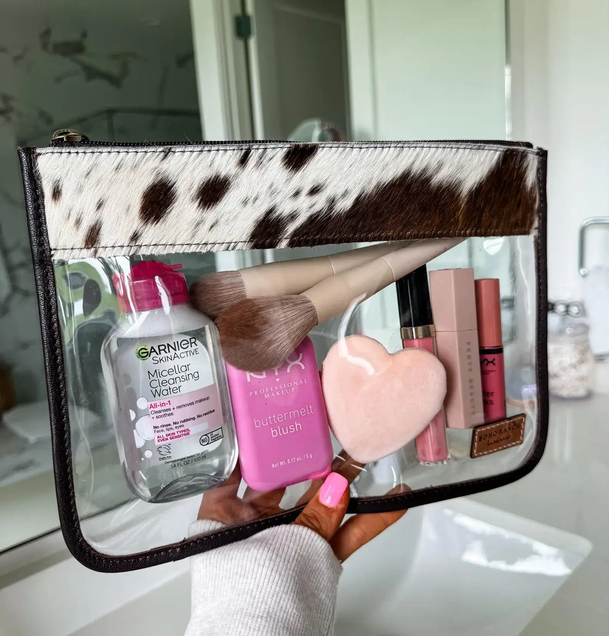 Cowhide Clear Toiletry Makeup Bag TAN + WHITE COWHIDE
