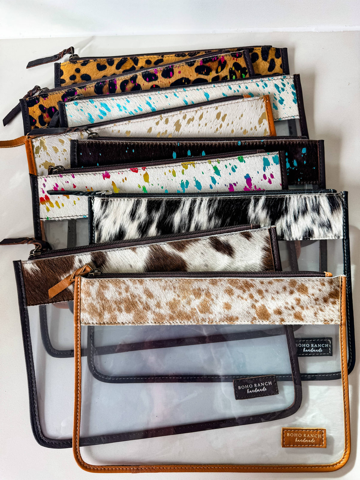 Cowhide Clear Toiletry Makeup Bag TAN + WHITE COWHIDE