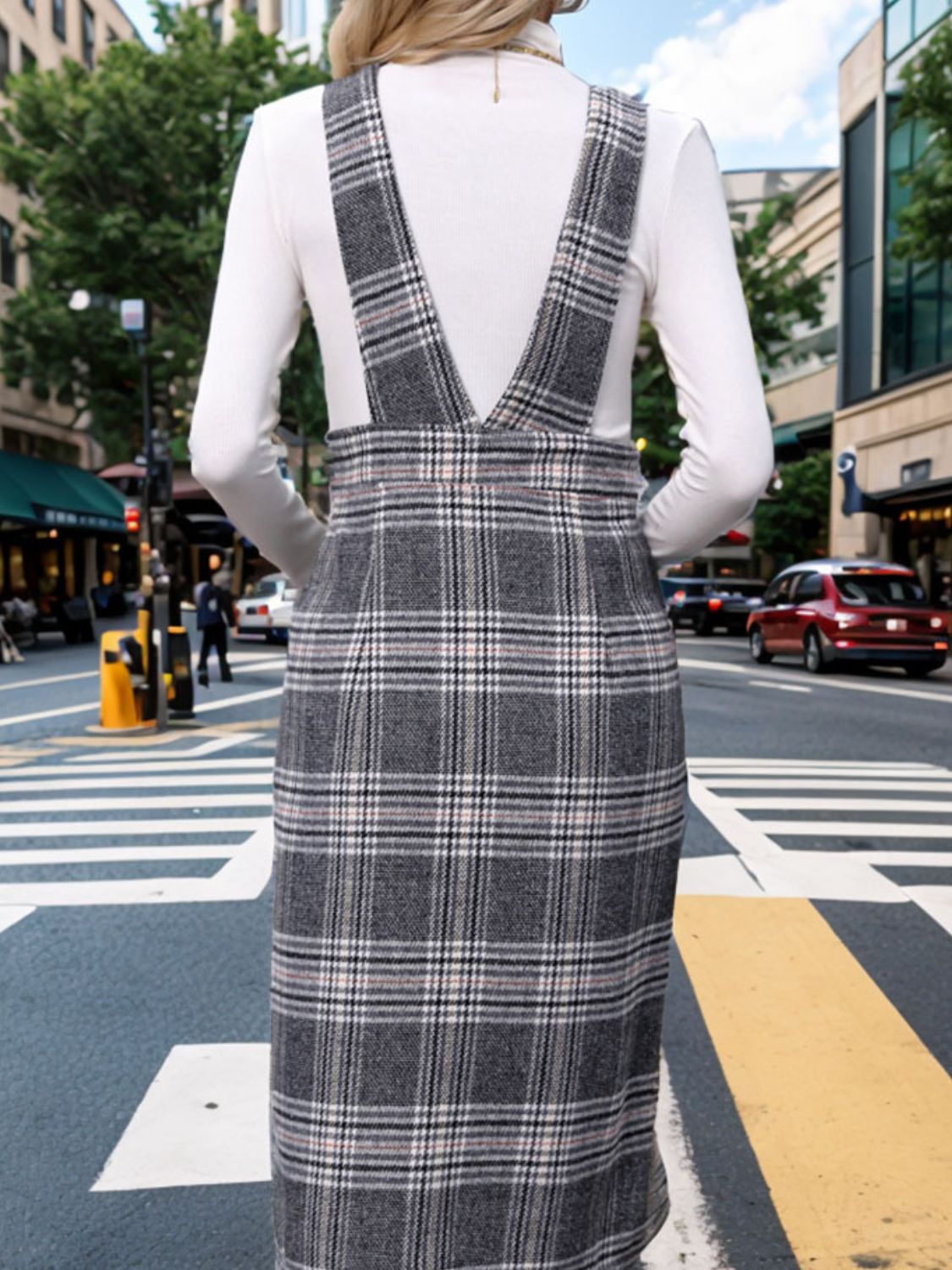 Perfee Pocketed Plaid Overall Dress