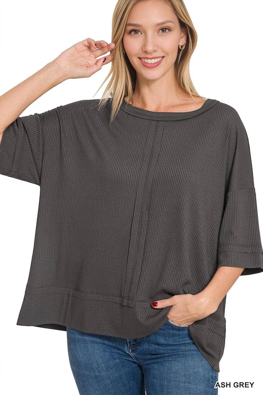 RIBBED BOAT NECK DOLMAN TOP