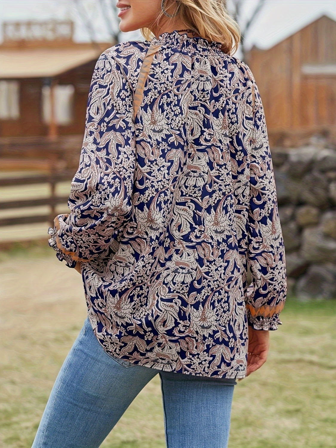 MeiMei Full Size Printed Notched Long Sleeve Blouse