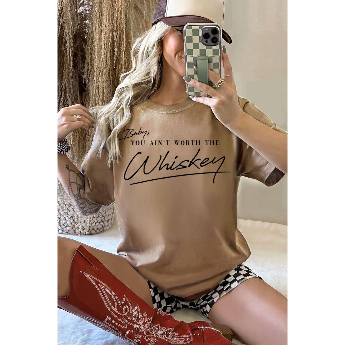 HRTandLUV - YOU AINT WORTH T WHISKEY OVERSIZED MINERAL GRAPHIC TEE: MINERAL DUSTY BLUE / S-M-L-XL(1-2-2-1)