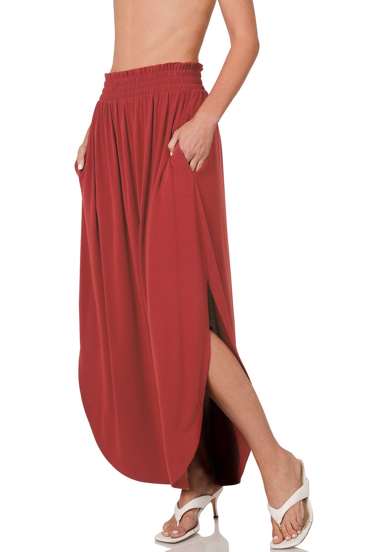 42POPS - Smocked Waist Maxi Skirt With Pockets: BLACK-162633 / L