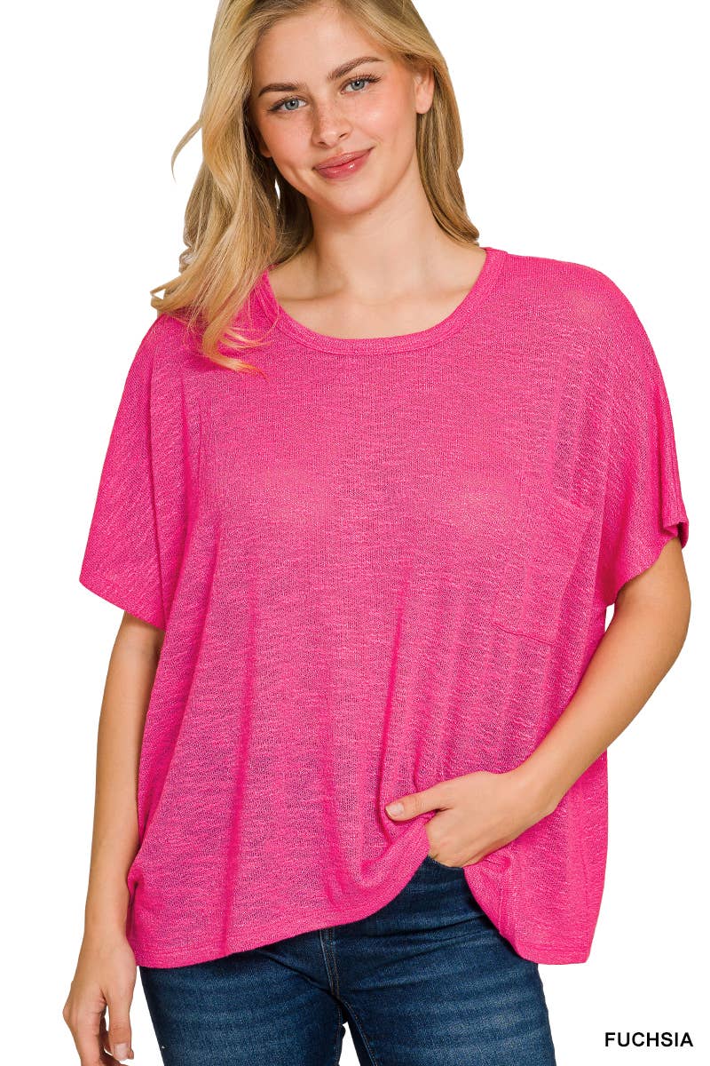 42POPS -  Oversized poly-rayon slub hacci top with pocket - Zenana: WINTER ROSE-192333 / L/XL