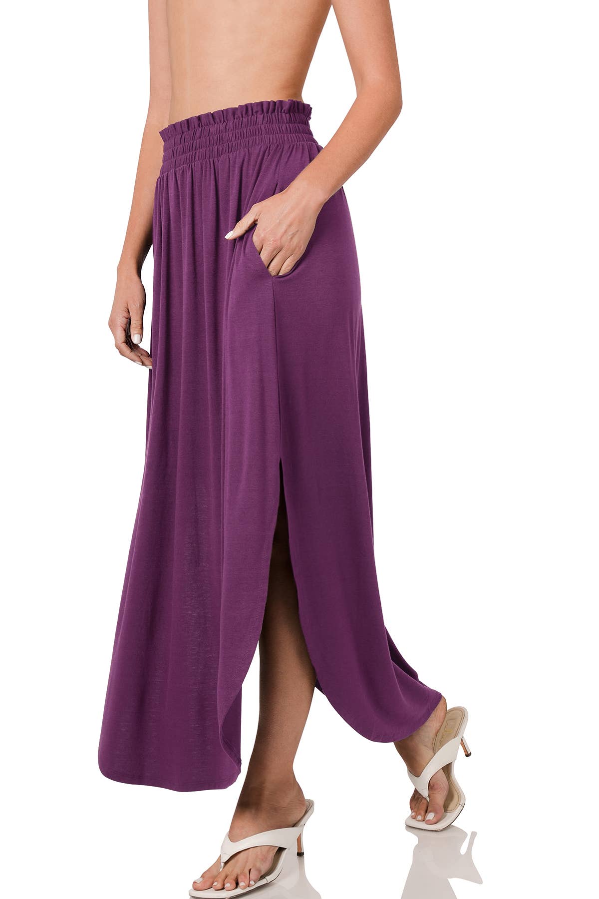 42POPS - Smocked Waist Maxi Skirt With Pockets: BLACK-162633 / S