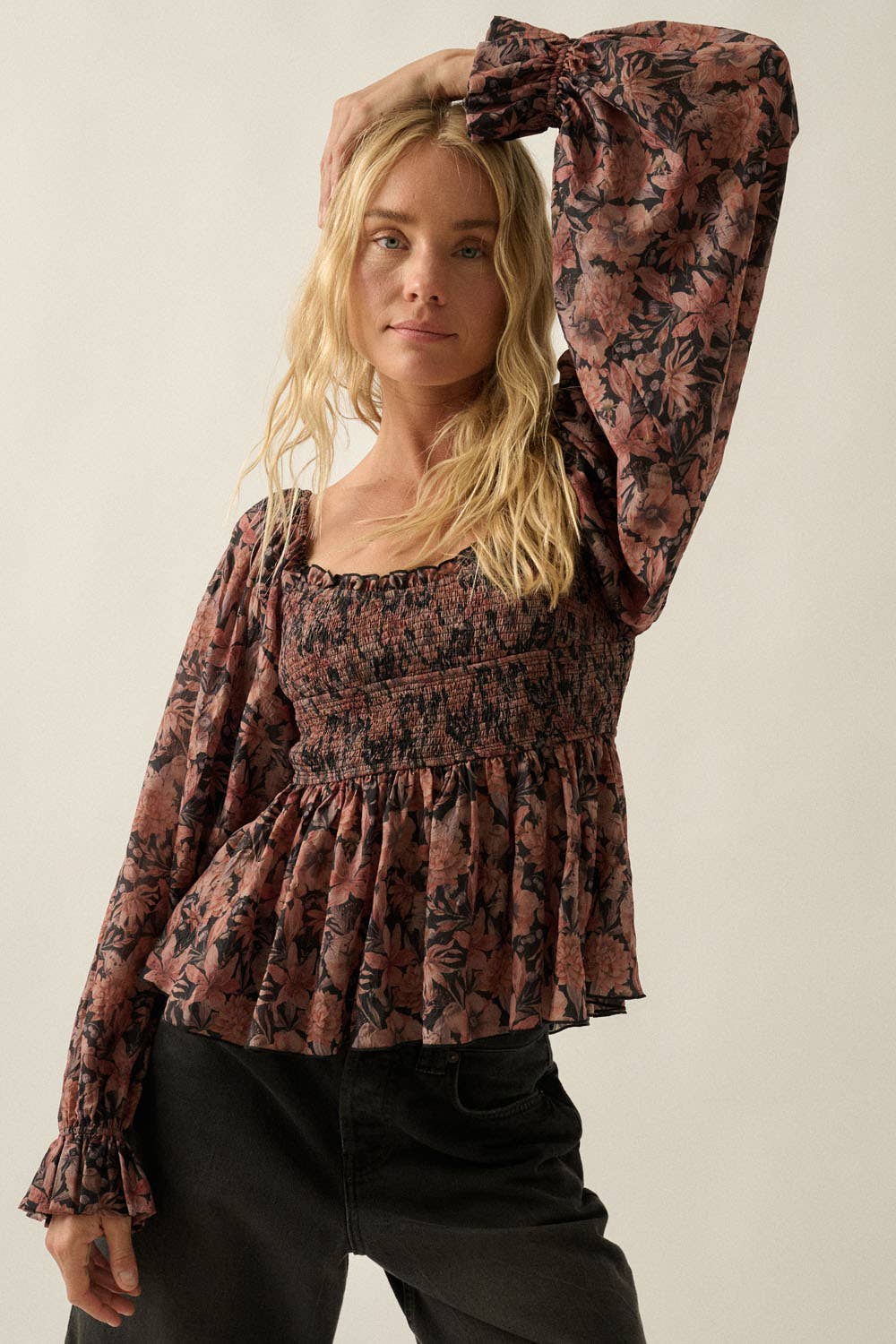 Floral-Print Sweetheart Peplum Top