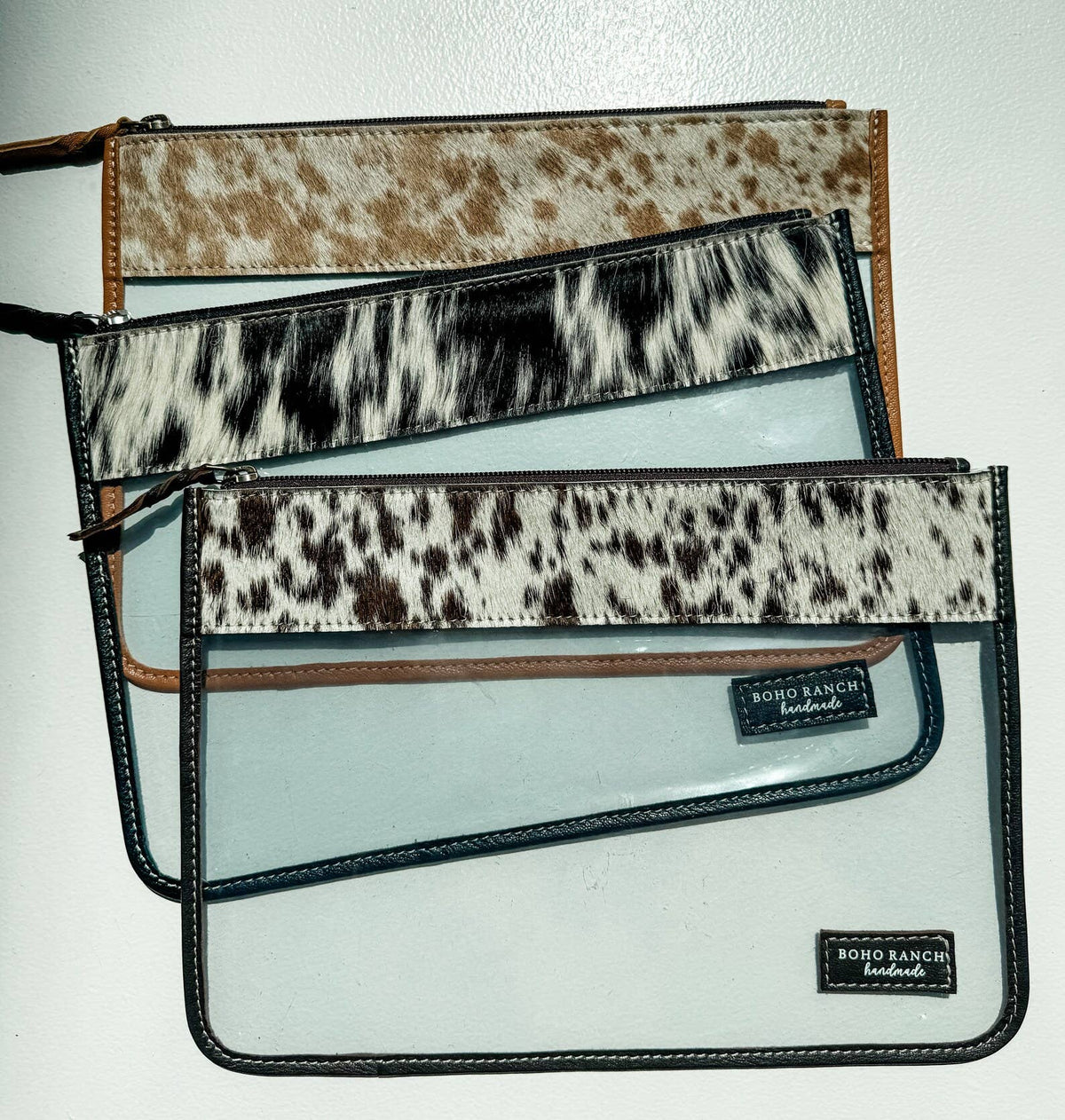 Cowhide Clear Toiletry Makeup Bag TAN + WHITE COWHIDE
