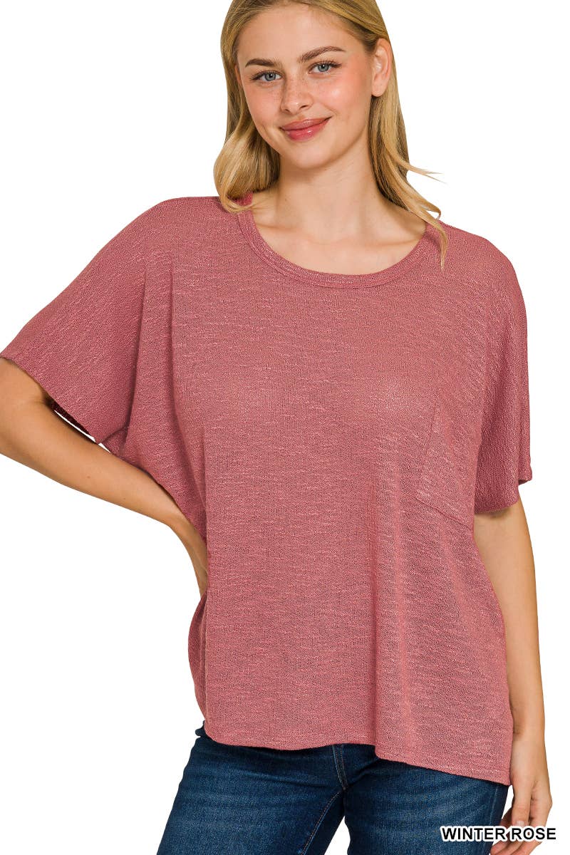 42POPS -  Oversized poly-rayon slub hacci top with pocket - Zenana: WINTER ROSE-192333 / L/XL
