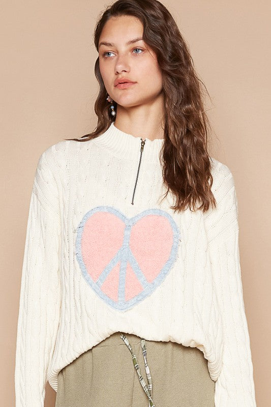 POL Cable-Knit Peace Patch Dropped Shoulder Sweater