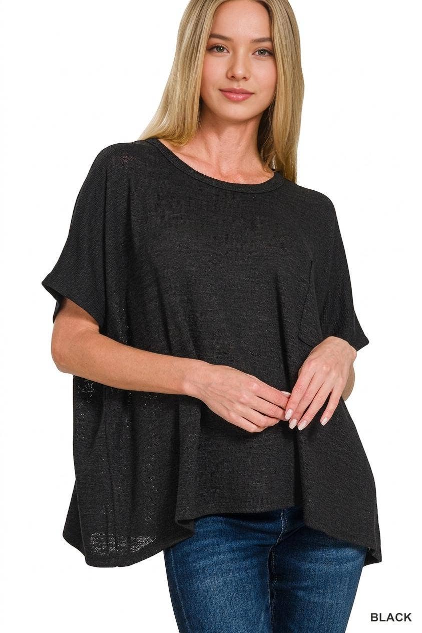 42POPS -  Oversized poly-rayon slub hacci top with pocket - Zenana: WINTER ROSE-192333 / L/XL
