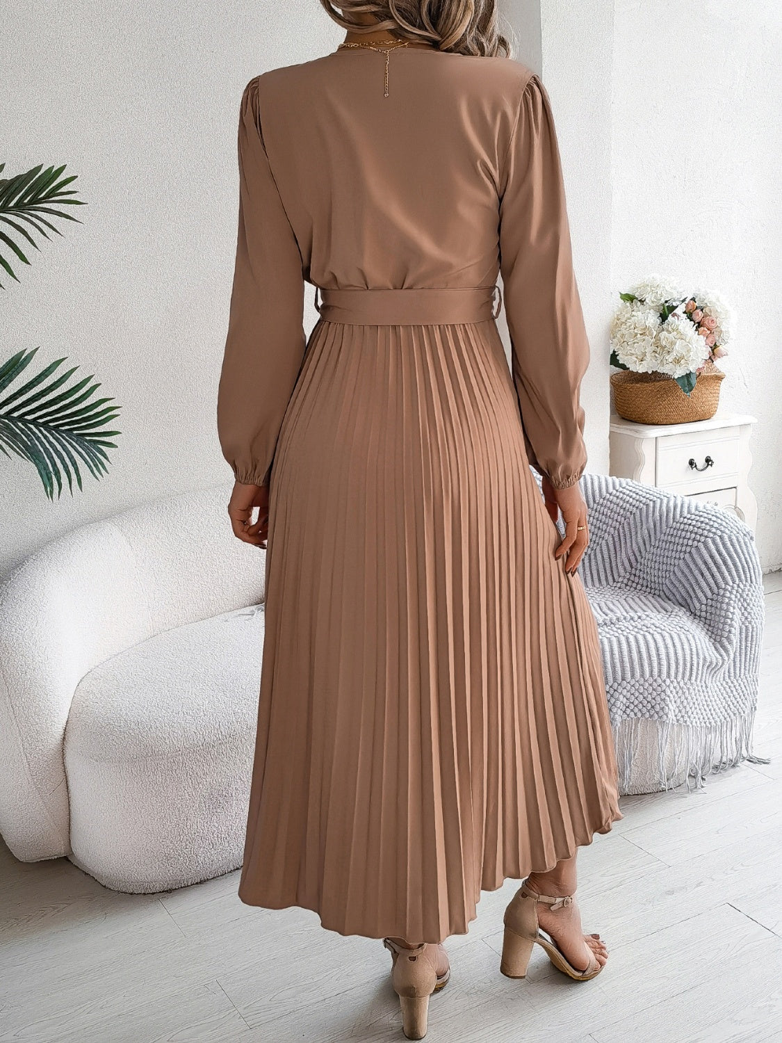 Pleated Tied V-Neck Long Sleeve Dress