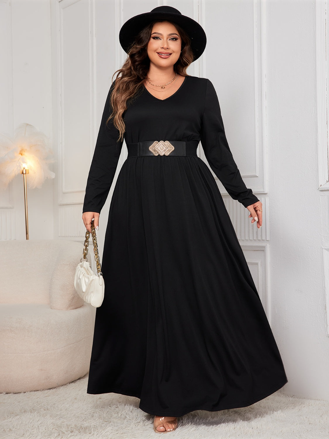 Honey Plus Size Cutout V-Neck Long Sleeve Maxi Dress