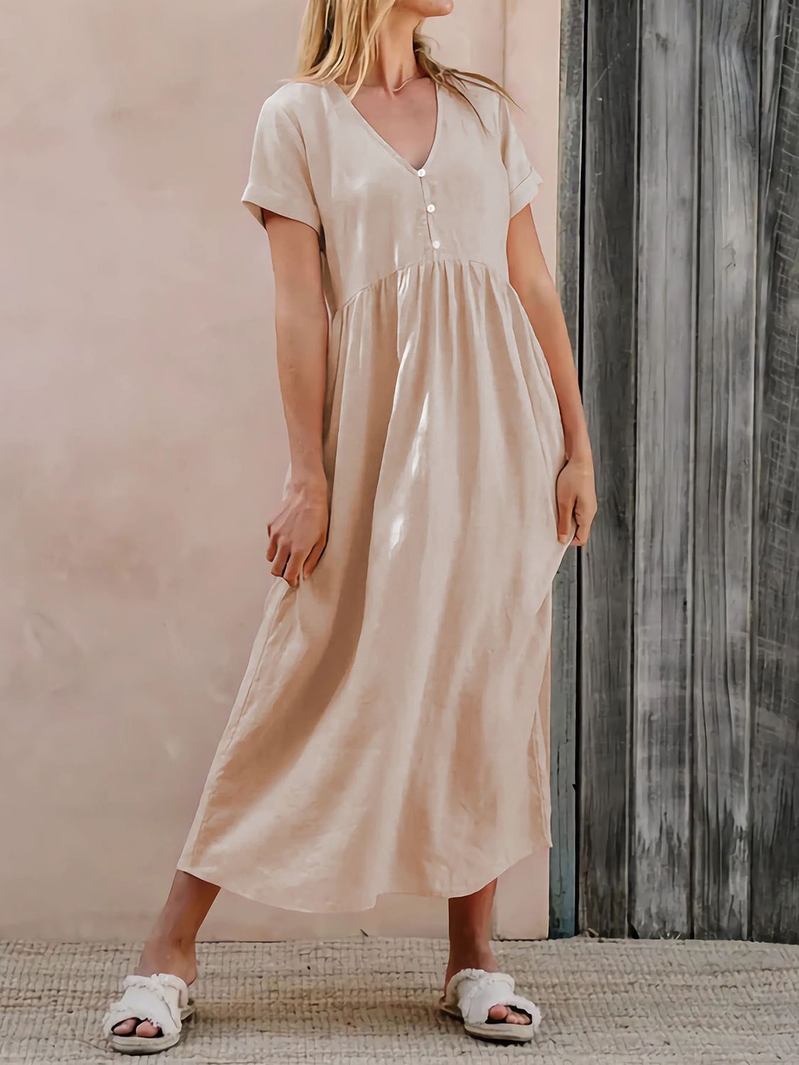 Perfee V-Neck Short Sleeve Midi Dress