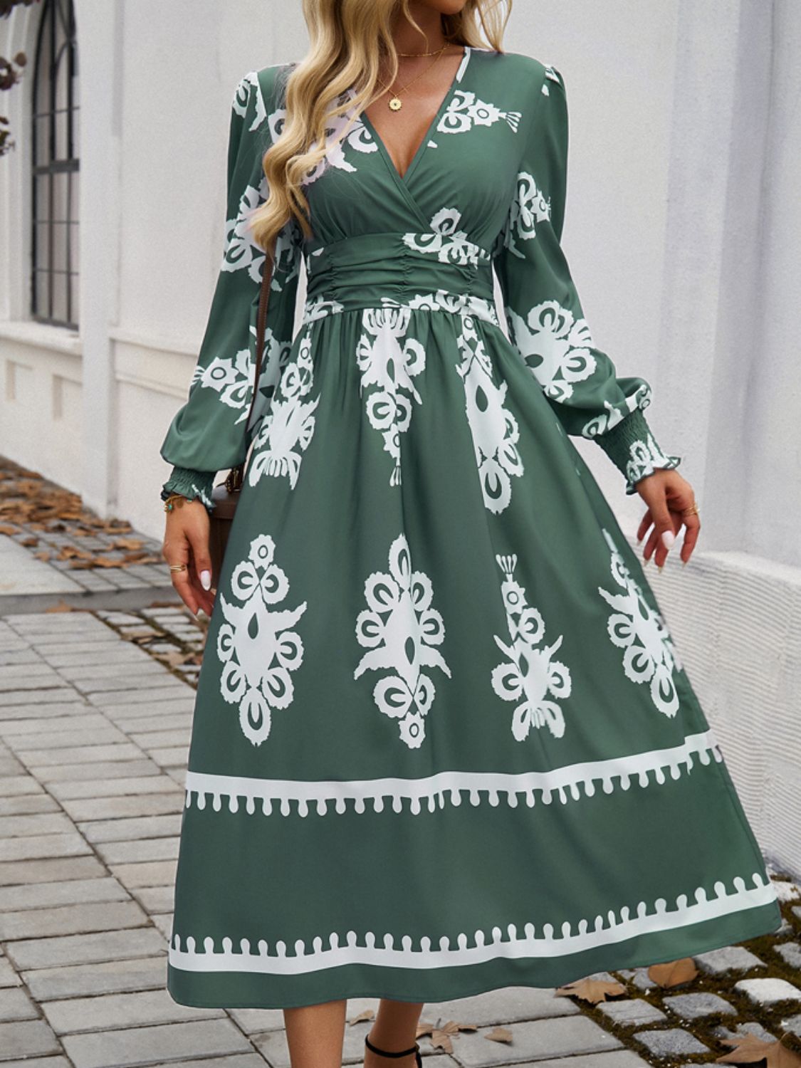 Devine Printed Surplice Lantern Sleeve Midi Dress