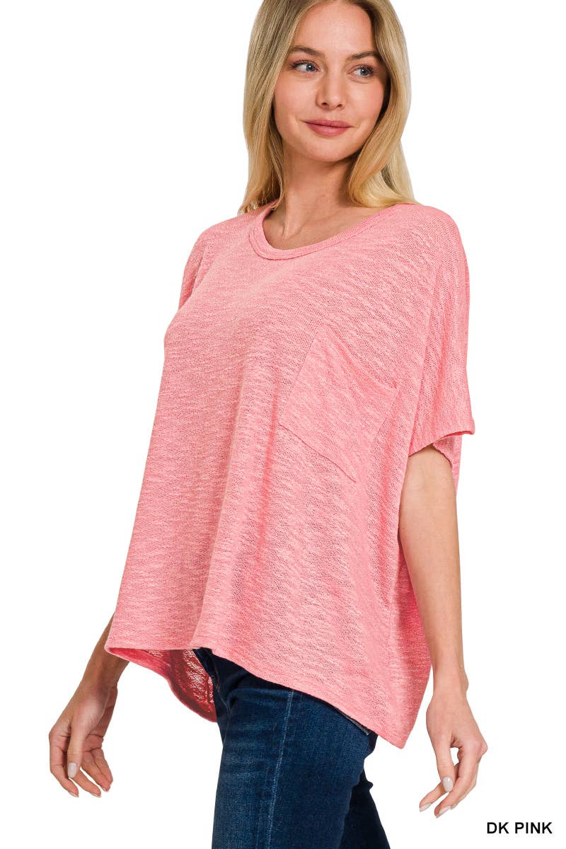 42POPS -  Oversized poly-rayon slub hacci top with pocket - Zenana: WINTER ROSE-192333 / L/XL